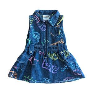 Retro Graffiti Print Dress Baby Girl 6-9 Months Mid-Weight Dark Wash Denim